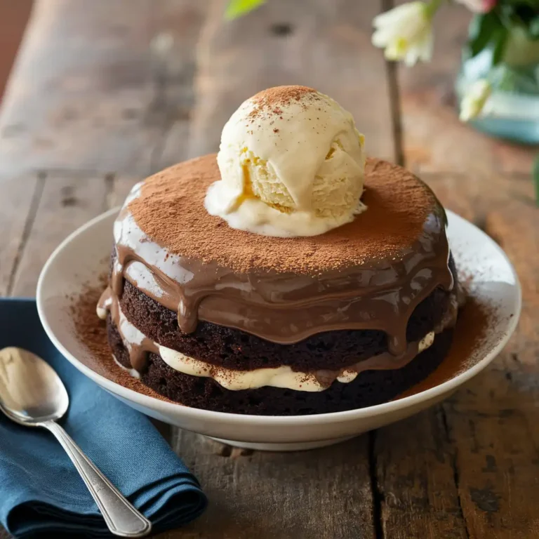 A beautifully plated serving of the vegan chocolate pudding cake. A generous scoop of the cake sits in a white bowl, showcasing both the cake and pudding layers. A scoop of vegan vanilla ice cream is melting on top, and there's a sprinkle of cocoa powder for garnish. The bowl is placed on a rustic wooden table with a folded navy blue napkin and a silver spoon nearby. In the background, there's a soft focus view of a vase with fresh flowers, adding to the inviting atmosphere."